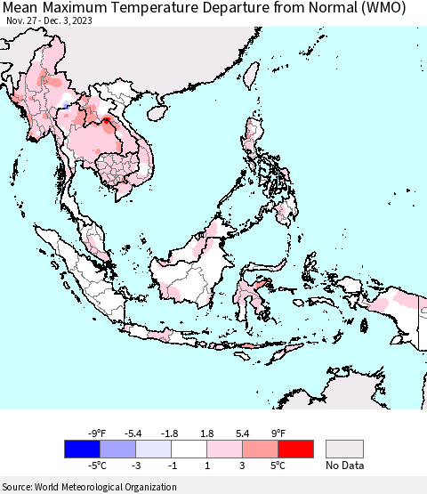 South East Asia Mean Maximum Temperature Departure from Normal (WMO) Thematic Map For 11/27/2023 - 12/3/2023