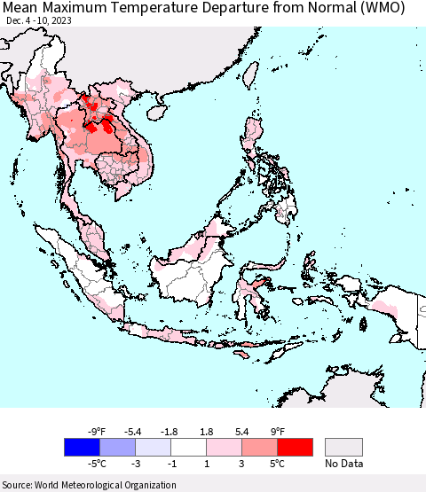 South East Asia Mean Maximum Temperature Departure from Normal (WMO) Thematic Map For 12/4/2023 - 12/10/2023