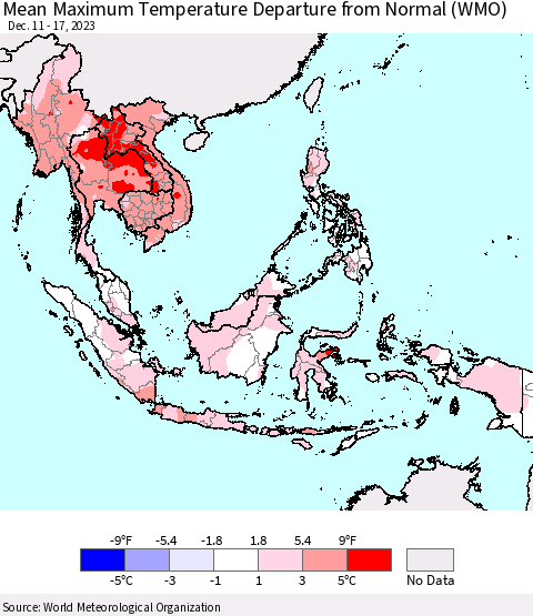 South East Asia Mean Maximum Temperature Departure from Normal (WMO) Thematic Map For 12/11/2023 - 12/17/2023