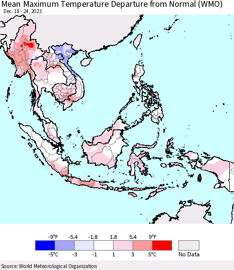 South East Asia Mean Maximum Temperature Departure from Normal (WMO) Thematic Map For 12/18/2023 - 12/24/2023