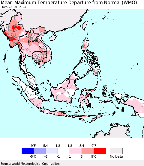 South East Asia Mean Maximum Temperature Departure from Normal (WMO) Thematic Map For 12/25/2023 - 12/31/2023