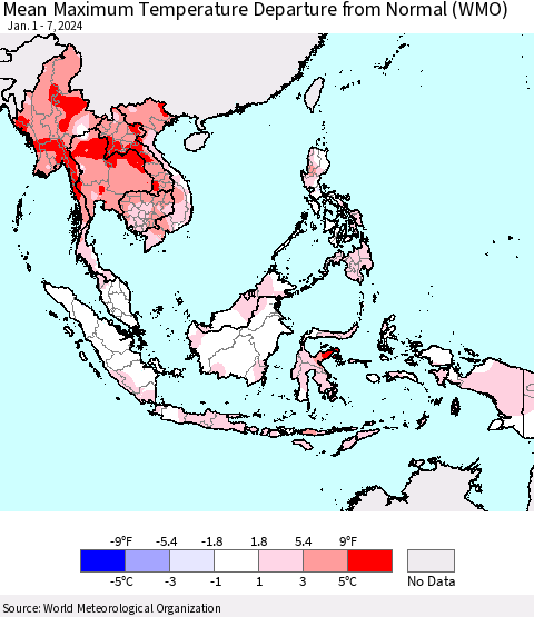 South East Asia Mean Maximum Temperature Departure from Normal (WMO) Thematic Map For 1/1/2024 - 1/7/2024