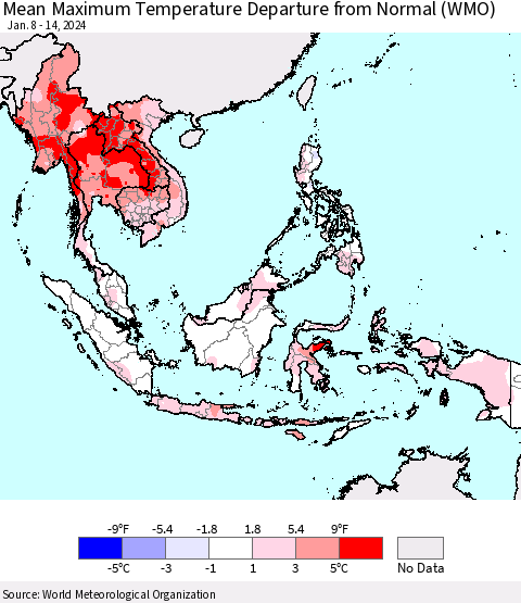 South East Asia Mean Maximum Temperature Departure from Normal (WMO) Thematic Map For 1/8/2024 - 1/14/2024