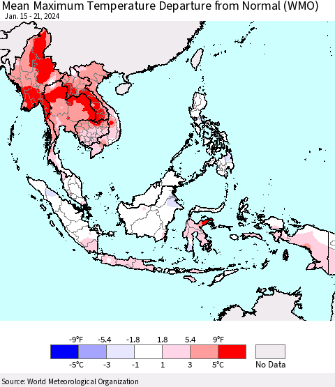 South East Asia Mean Maximum Temperature Departure from Normal (WMO) Thematic Map For 1/15/2024 - 1/21/2024