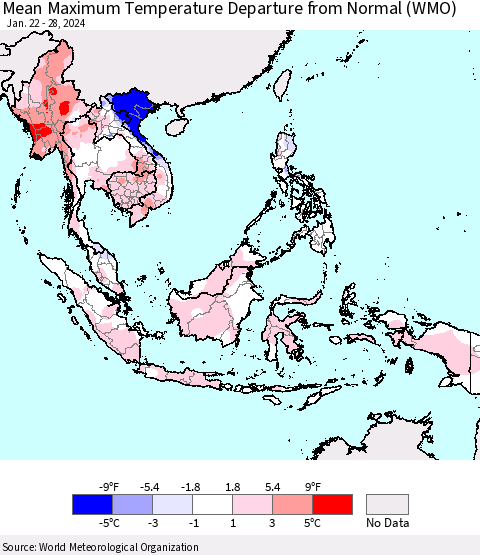 South East Asia Mean Maximum Temperature Departure from Normal (WMO) Thematic Map For 1/22/2024 - 1/28/2024
