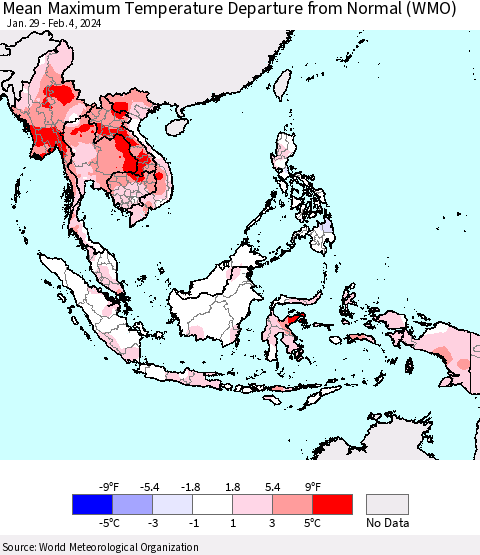 South East Asia Mean Maximum Temperature Departure from Normal (WMO) Thematic Map For 1/29/2024 - 2/4/2024