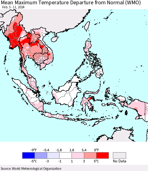 South East Asia Mean Maximum Temperature Departure from Normal (WMO) Thematic Map For 2/5/2024 - 2/11/2024