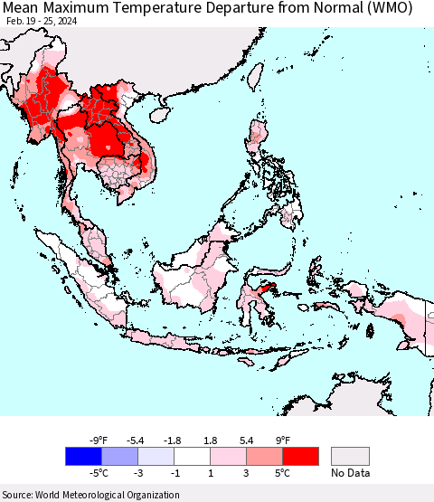 South East Asia Mean Maximum Temperature Departure from Normal (WMO) Thematic Map For 2/19/2024 - 2/25/2024