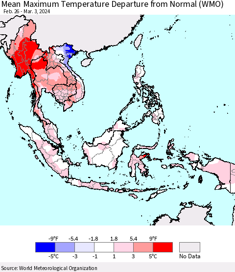 South East Asia Mean Maximum Temperature Departure from Normal (WMO) Thematic Map For 2/26/2024 - 3/3/2024