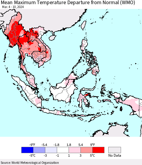 South East Asia Mean Maximum Temperature Departure from Normal (WMO) Thematic Map For 3/4/2024 - 3/10/2024