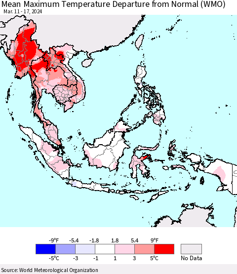 South East Asia Mean Maximum Temperature Departure from Normal (WMO) Thematic Map For 3/11/2024 - 3/17/2024