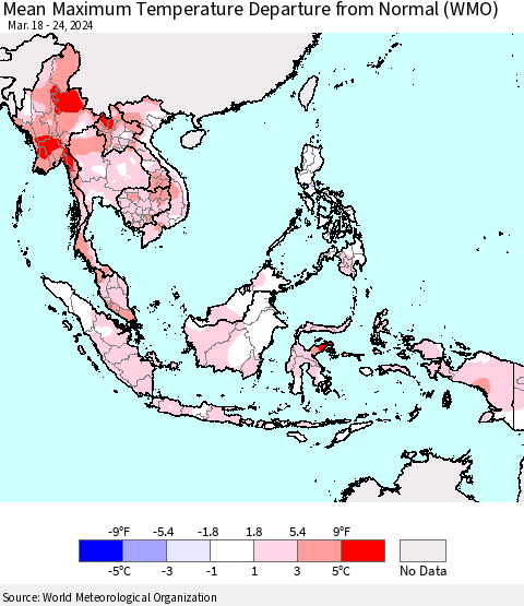 South East Asia Mean Maximum Temperature Departure from Normal (WMO) Thematic Map For 3/18/2024 - 3/24/2024