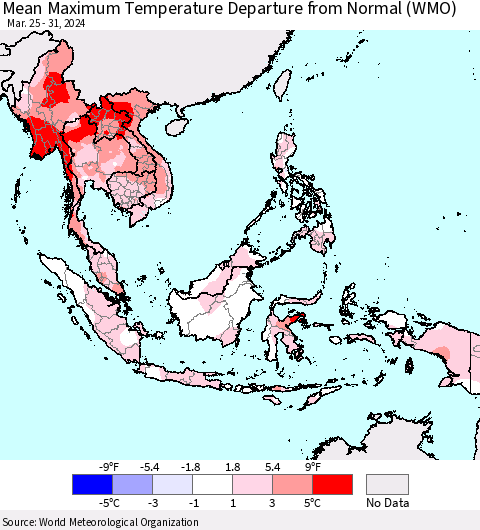 South East Asia Mean Maximum Temperature Departure from Normal (WMO) Thematic Map For 3/25/2024 - 3/31/2024