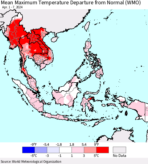 South East Asia Mean Maximum Temperature Departure from Normal (WMO) Thematic Map For 4/1/2024 - 4/7/2024