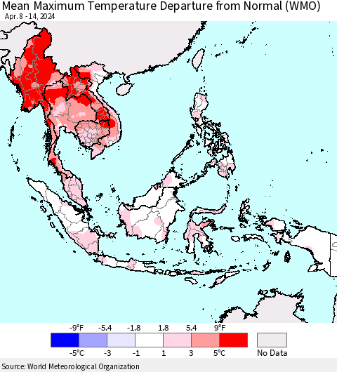 South East Asia Mean Maximum Temperature Departure from Normal (WMO) Thematic Map For 4/8/2024 - 4/14/2024