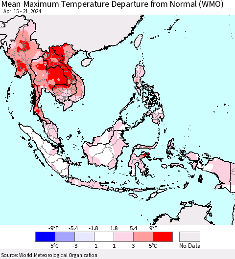 South East Asia Mean Maximum Temperature Departure from Normal (WMO) Thematic Map For 4/15/2024 - 4/21/2024