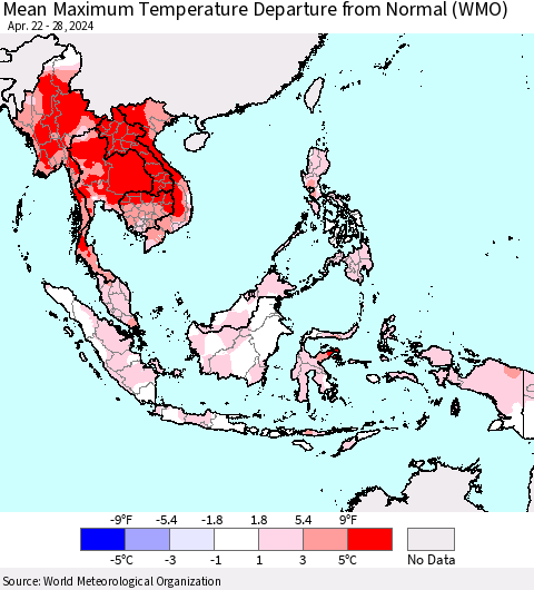 South East Asia Mean Maximum Temperature Departure from Normal (WMO) Thematic Map For 4/22/2024 - 4/28/2024