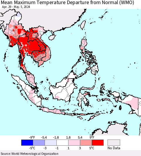 South East Asia Mean Maximum Temperature Departure from Normal (WMO) Thematic Map For 4/29/2024 - 5/5/2024