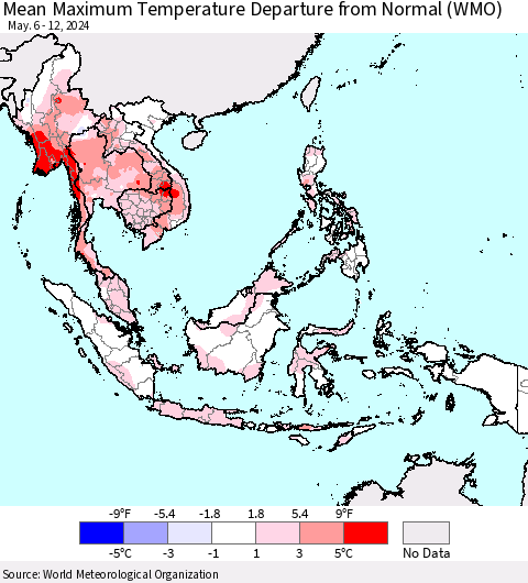 South East Asia Mean Maximum Temperature Departure from Normal (WMO) Thematic Map For 5/6/2024 - 5/12/2024