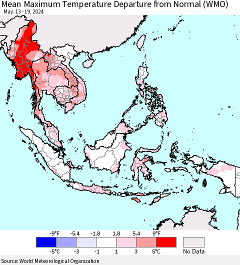 South East Asia Mean Maximum Temperature Departure from Normal (WMO) Thematic Map For 5/13/2024 - 5/19/2024