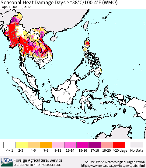 South East Asia Seasonal Heat Damage Days >=38°C/100°F (WMO) Thematic Map For 4/1/2021 - 1/10/2022