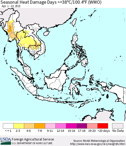 South East Asia Seasonal Heat Damage Days >=38°C/100°F (WMO) Thematic Map For 4/1/2021 - 4/10/2021