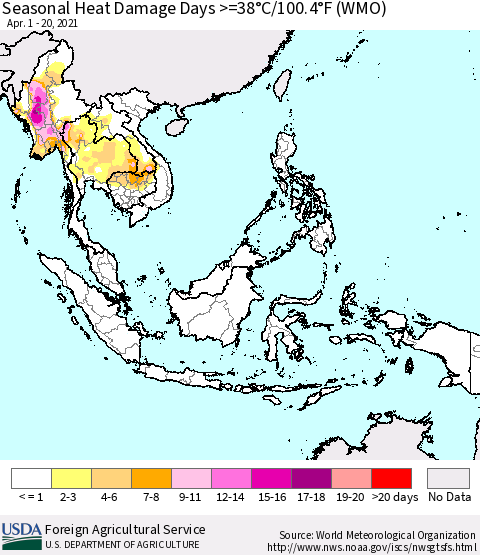 South East Asia Seasonal Heat Damage Days >=38°C/100°F (WMO) Thematic Map For 4/1/2021 - 4/20/2021