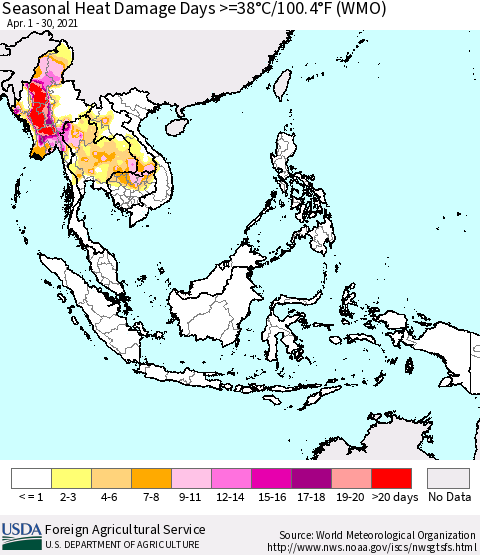 South East Asia Seasonal Heat Damage Days >=38°C/100°F (WMO) Thematic Map For 4/1/2021 - 4/30/2021