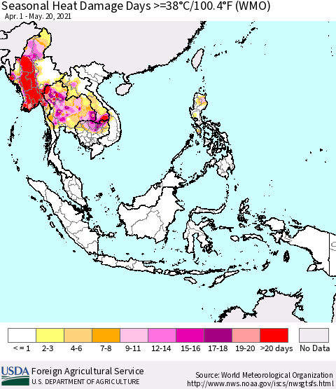 South East Asia Seasonal Heat Damage Days >=38°C/100°F (WMO) Thematic Map For 4/1/2021 - 5/20/2021