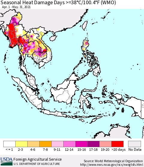 South East Asia Seasonal Heat Damage Days >=38°C/100°F (WMO) Thematic Map For 4/1/2021 - 5/31/2021