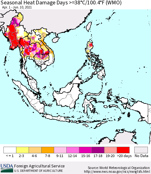 South East Asia Seasonal Heat Damage Days >=38°C/100°F (WMO) Thematic Map For 4/1/2021 - 6/10/2021
