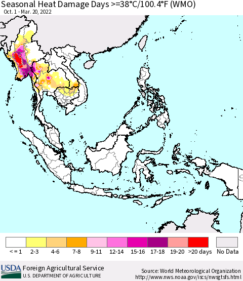 South East Asia Seasonal Heat Damage Days >=38°C/100°F (WMO) Thematic Map For 10/1/2021 - 3/20/2022