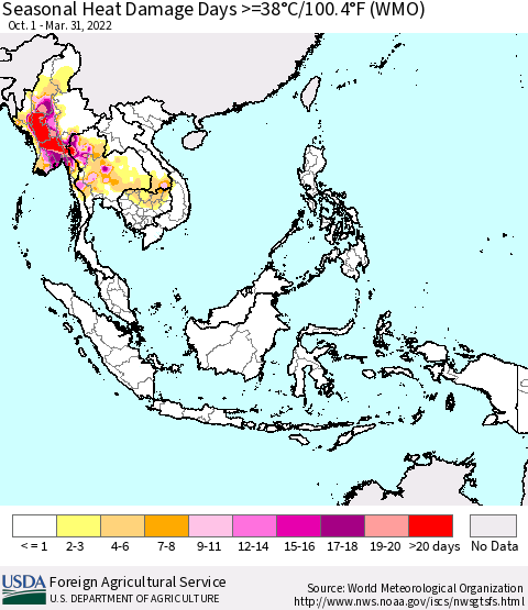South East Asia Seasonal Heat Damage Days >=38°C/100°F (WMO) Thematic Map For 10/1/2021 - 3/31/2022
