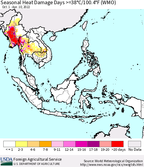 South East Asia Seasonal Heat Damage Days >=38°C/100°F (WMO) Thematic Map For 10/1/2021 - 4/10/2022