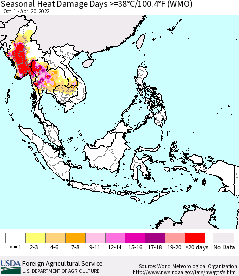 South East Asia Seasonal Heat Damage Days >=38°C/100°F (WMO) Thematic Map For 10/1/2021 - 4/20/2022