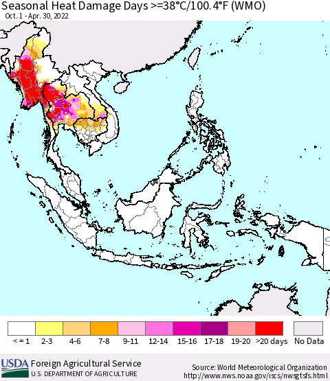 South East Asia Seasonal Heat Damage Days >=38°C/100°F (WMO) Thematic Map For 10/1/2021 - 4/30/2022