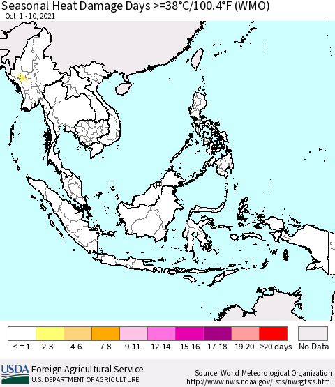 South East Asia Seasonal Heat Damage Days >=38°C/100°F (WMO) Thematic Map For 10/1/2021 - 10/10/2021