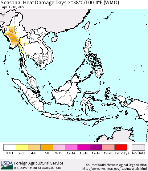 South East Asia Seasonal Heat Damage Days >=38°C/100°F (WMO) Thematic Map For 4/1/2022 - 4/10/2022