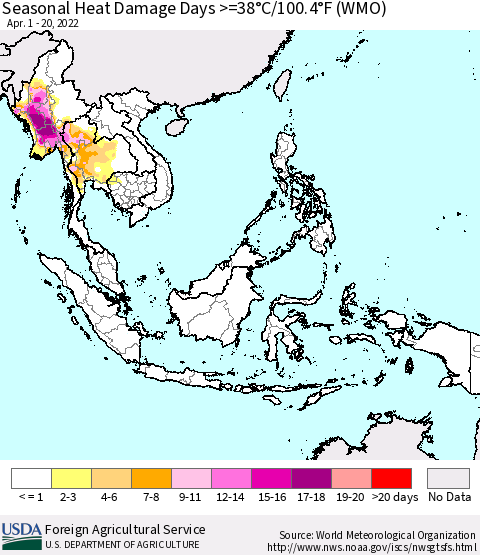South East Asia Seasonal Heat Damage Days >=38°C/100°F (WMO) Thematic Map For 4/1/2022 - 4/20/2022