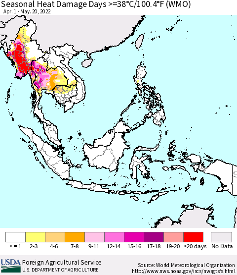 South East Asia Seasonal Heat Damage Days >=38°C/100°F (WMO) Thematic Map For 4/1/2022 - 5/20/2022