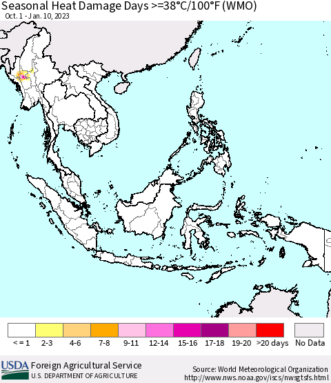 South East Asia Seasonal Heat Damage Days >=38°C/100°F (WMO) Thematic Map For 10/1/2022 - 1/10/2023