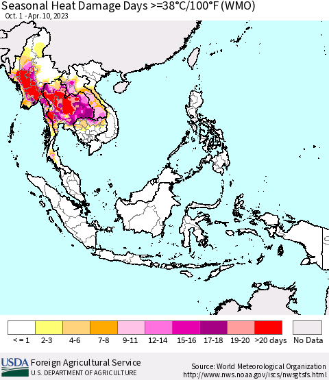 South East Asia Seasonal Heat Damage Days >=38°C/100°F (WMO) Thematic Map For 10/1/2022 - 4/10/2023