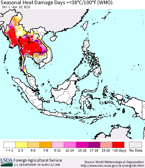 South East Asia Seasonal Heat Damage Days >=38°C/100°F (WMO) Thematic Map For 10/1/2022 - 4/20/2023