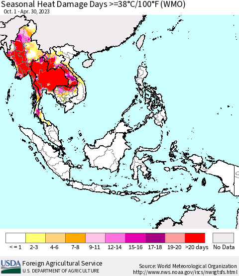 South East Asia Seasonal Heat Damage Days >=38°C/100°F (WMO) Thematic Map For 10/1/2022 - 4/30/2023