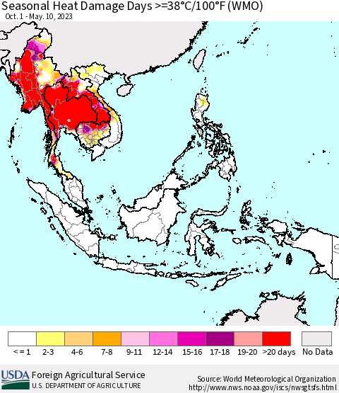 South East Asia Seasonal Heat Damage Days >=38°C/100°F (WMO) Thematic Map For 10/1/2022 - 5/10/2023