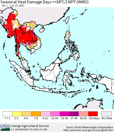 South East Asia Seasonal Heat Damage Days >=38°C/100°F (WMO) Thematic Map For 10/1/2022 - 6/10/2023