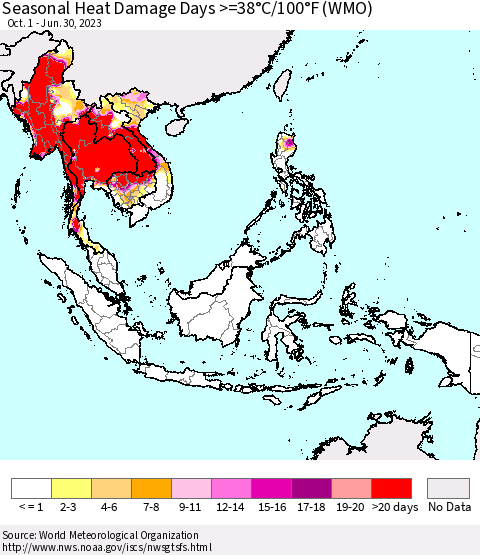 South East Asia Seasonal Heat Damage Days >=38°C/100°F (WMO) Thematic Map For 10/1/2022 - 6/30/2023