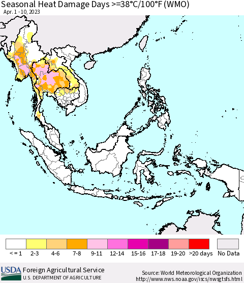 South East Asia Seasonal Heat Damage Days >=38°C/100°F (WMO) Thematic Map For 4/1/2023 - 4/10/2023
