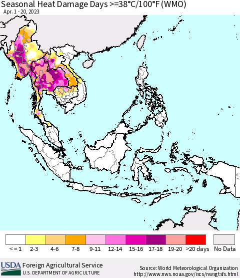 South East Asia Seasonal Heat Damage Days >=38°C/100°F (WMO) Thematic Map For 4/1/2023 - 4/20/2023