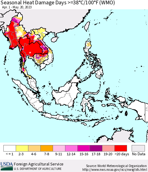 South East Asia Seasonal Heat Damage Days >=38°C/100°F (WMO) Thematic Map For 4/1/2023 - 5/20/2023